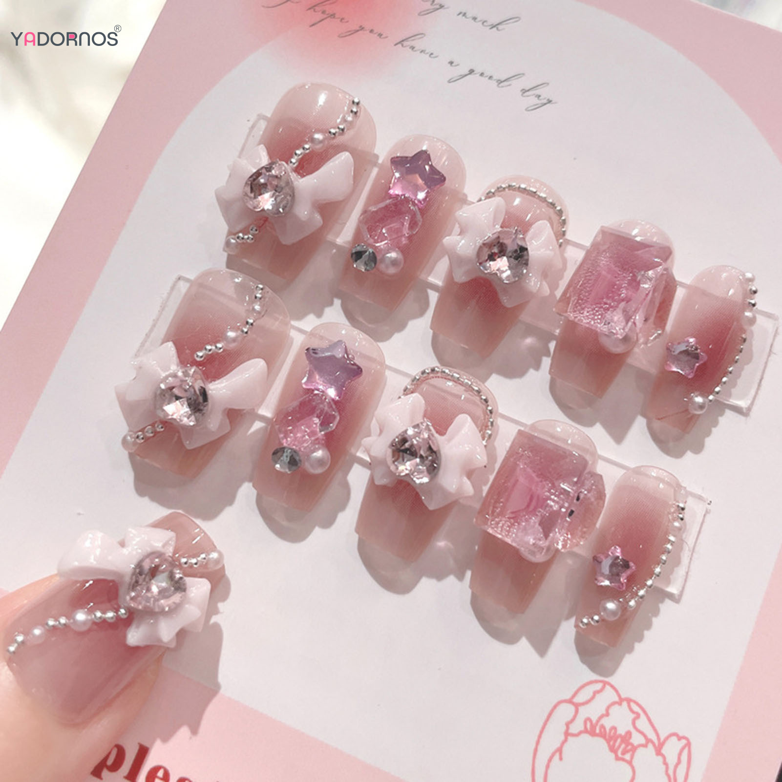 Nail Art Xs - Blush Pink False Nails Bowknot Diamond