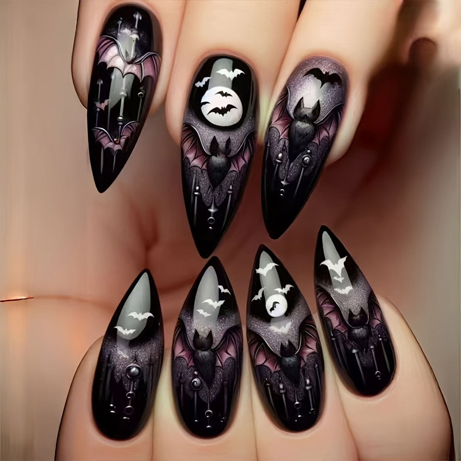 Nail Art Aesthetic - 24Pcs Halloween Fake Nails Black Almond